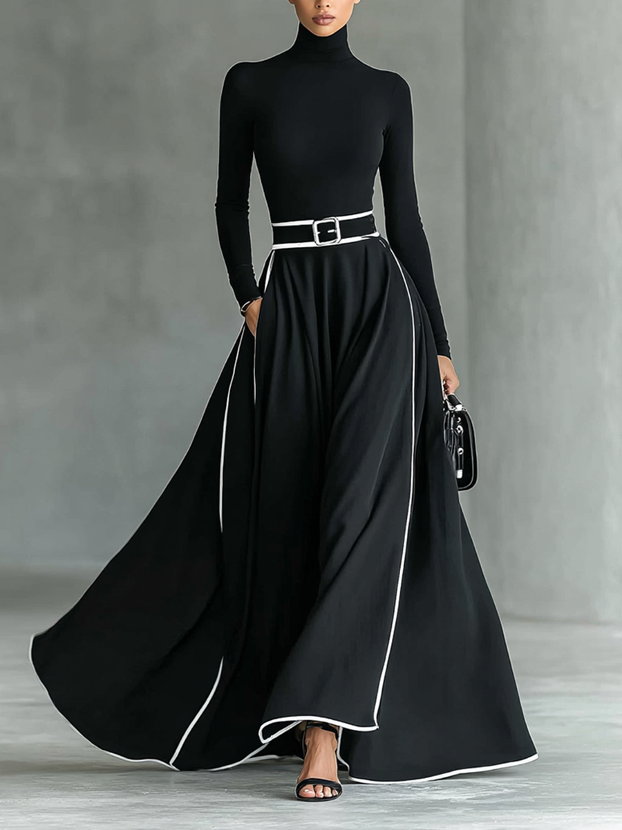 Abito Maxi Nero con Cuciture Bianche, Collo Alto, Maniche Lunghe e Vita Sottile