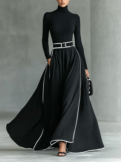 Abito Maxi Nero con Cuciture Bianche, Collo Alto, Maniche Lunghe e Vita Sottile