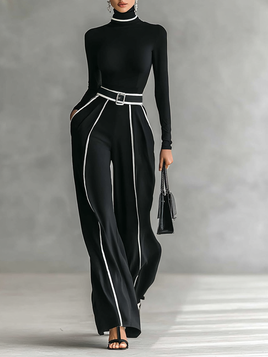 Set di due pezzi per donne con top a collo alto, maniche lunghe, pantaloni a gamba larga e cintura