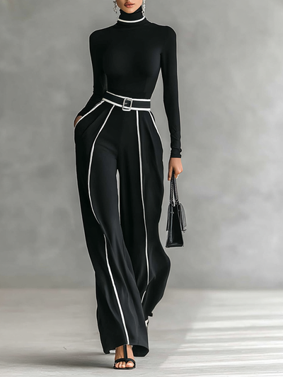 Set di due pezzi per donne con top a collo alto, maniche lunghe, pantaloni a gamba larga e cintura