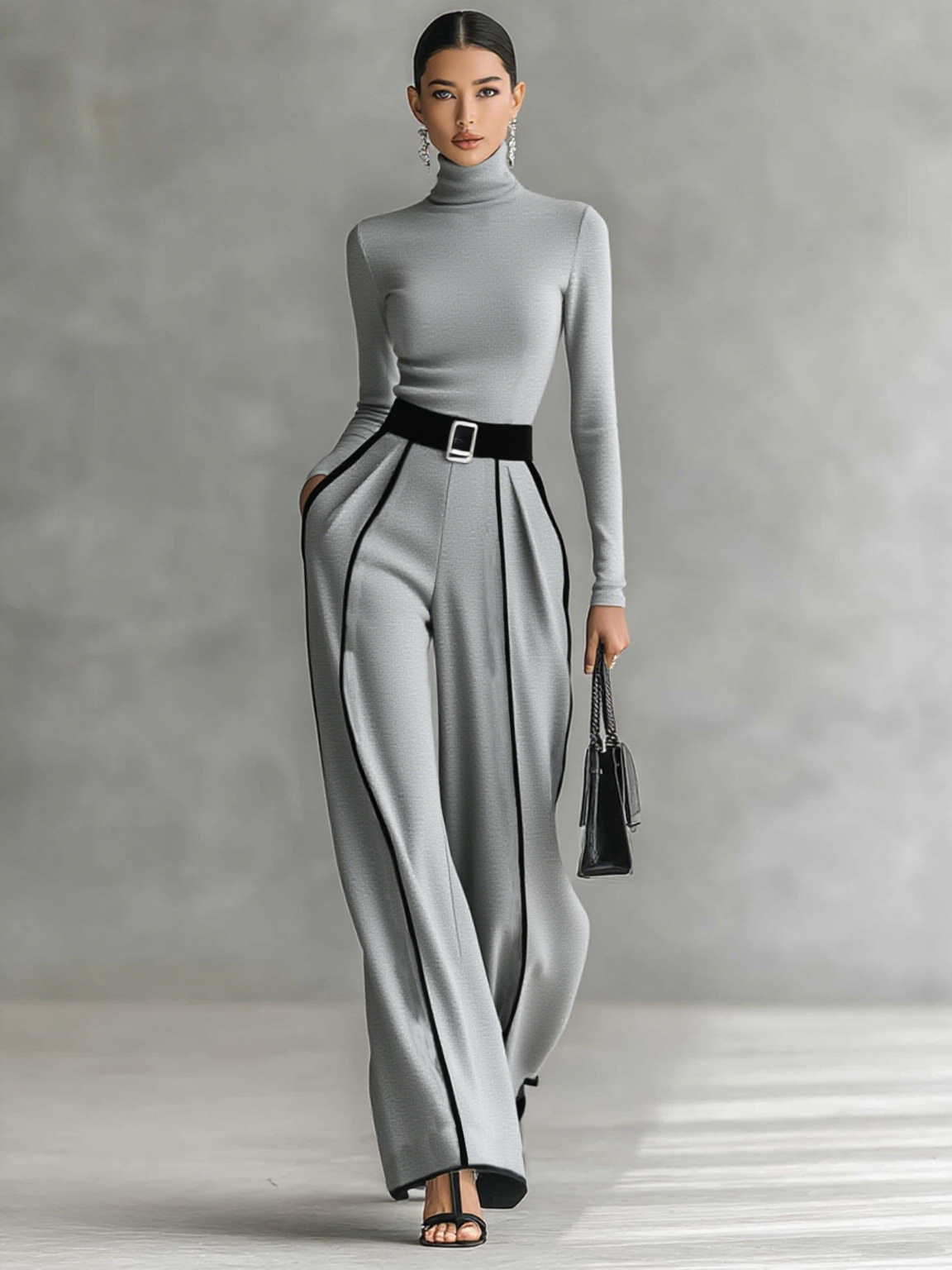 Set di due pezzi per donne con top a collo alto, maniche lunghe, pantaloni a gamba larga e cintura