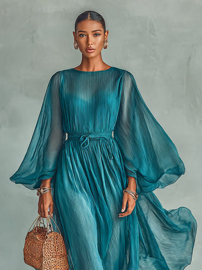 Abito Maxi in Chiffon con Scollatura Rotonda e Maniche Lunghe per Donne, con Vita Regolabile