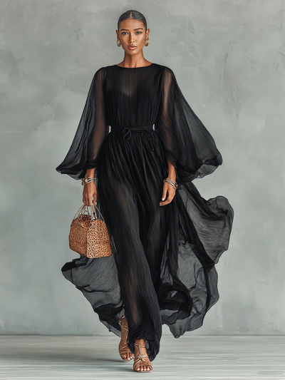 Abito Maxi in Chiffon con Scollatura Rotonda e Maniche Lunghe per Donne, con Vita Regolabile