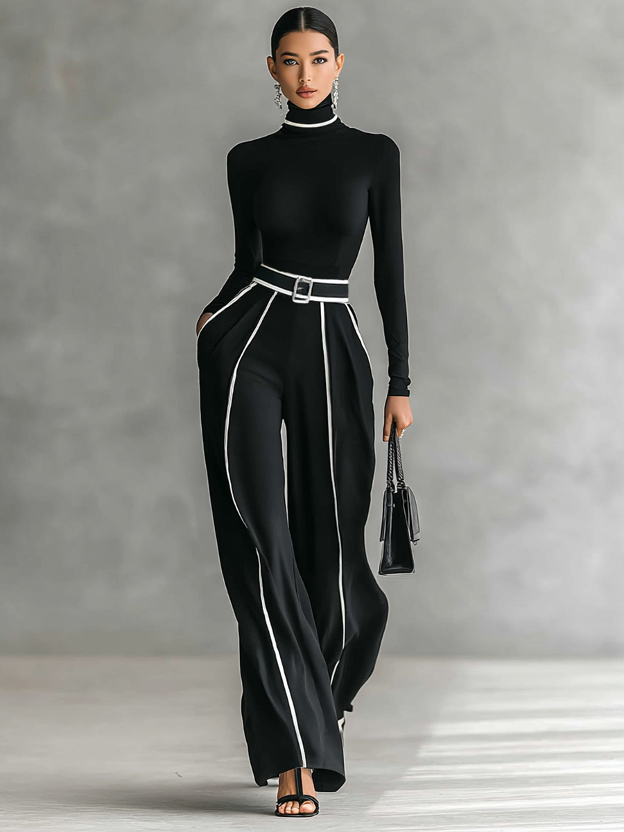 Set di due pezzi per donne con top a collo alto, maniche lunghe, pantaloni a gamba larga e cintura