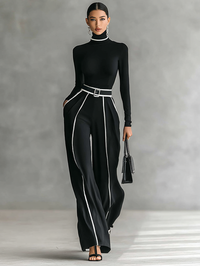 Set di due pezzi per donne con top a collo alto, maniche lunghe, pantaloni a gamba larga e cintura