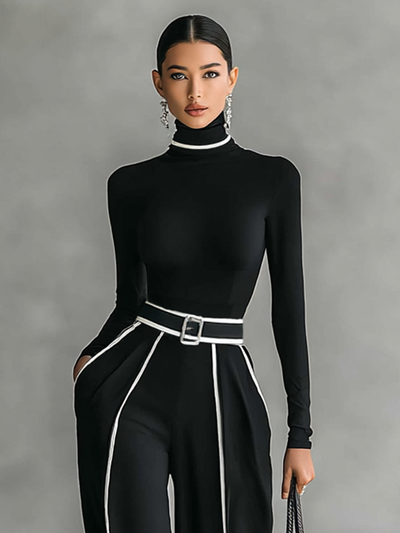 Set di due pezzi per donne con top a collo alto, maniche lunghe, pantaloni a gamba larga e cintura