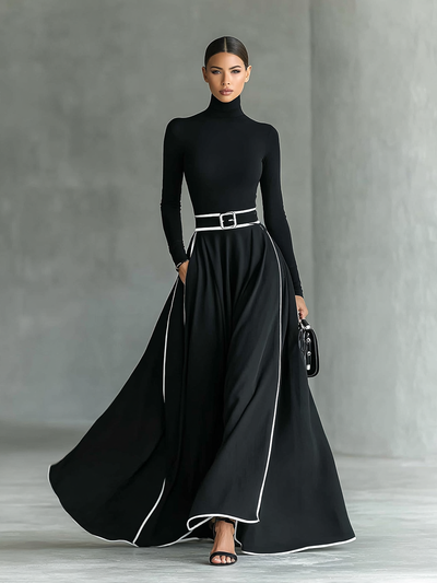 Abito Maxi Nero con Cuciture Bianche, Collo Alto, Maniche Lunghe e Vita Sottile