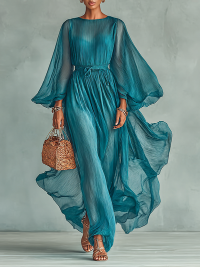 Abito Maxi in Chiffon con Scollatura Rotonda e Maniche Lunghe per Donne, con Vita Regolabile