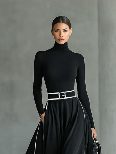 Abito Maxi Nero con Cuciture Bianche, Collo Alto, Maniche Lunghe e Vita Sottile