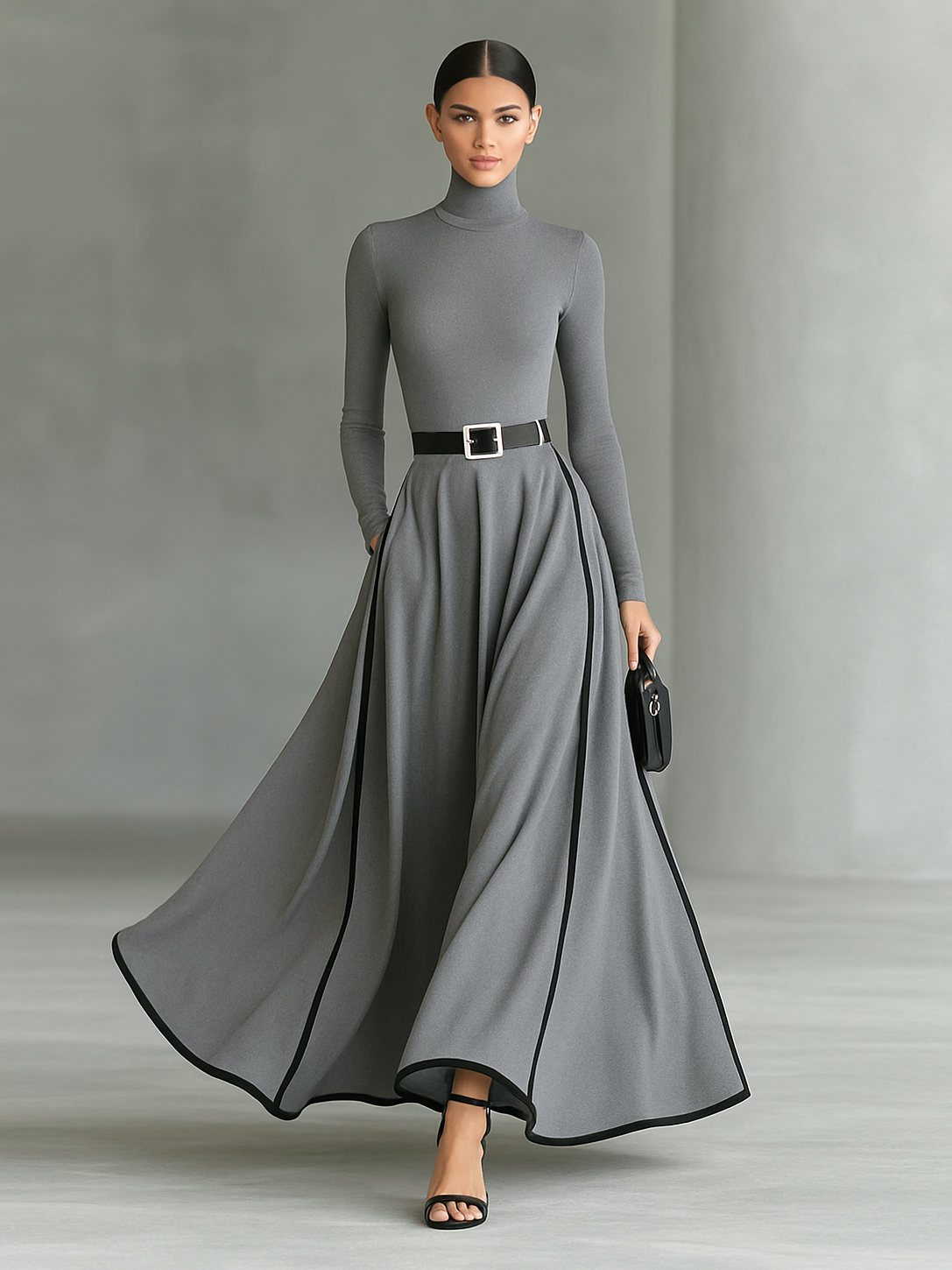 Abito Maxi Nero con Cuciture Bianche, Collo Alto, Maniche Lunghe e Vita Sottile