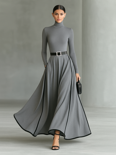 Abito Maxi Nero con Cuciture Bianche, Collo Alto, Maniche Lunghe e Vita Sottile
