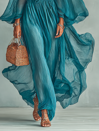 Abito Maxi in Chiffon con Scollatura Rotonda e Maniche Lunghe per Donne, con Vita Regolabile