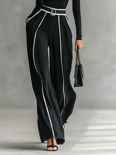 Set di due pezzi per donne con top a collo alto, maniche lunghe, pantaloni a gamba larga e cintura