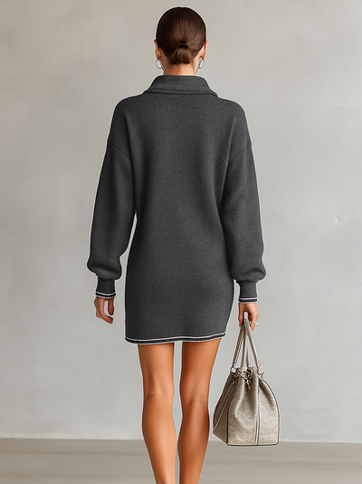 Abito Mini in Maglia Morbida con Collo Polo e Zip
