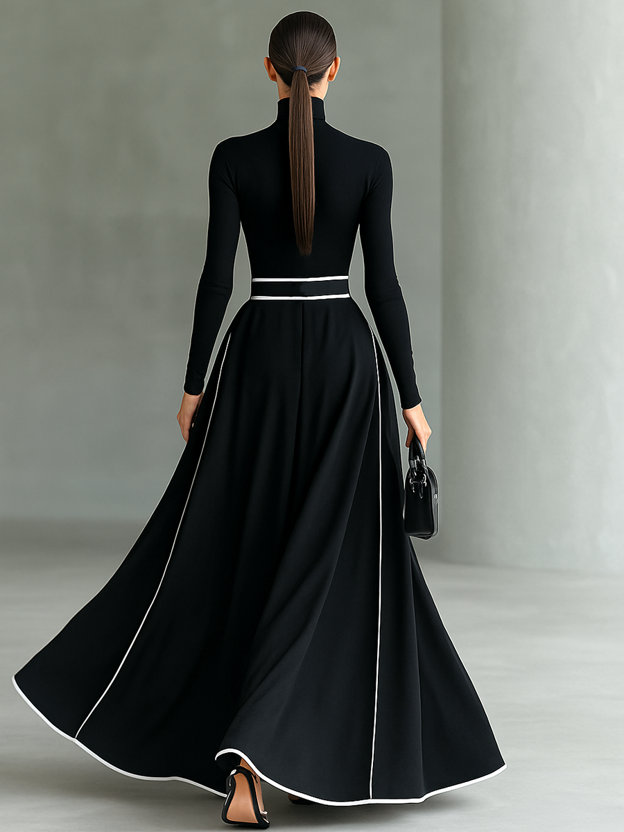 Abito Maxi Nero con Cuciture Bianche, Collo Alto, Maniche Lunghe e Vita Sottile