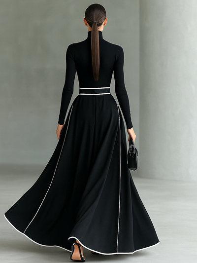Abito Maxi Nero con Cuciture Bianche, Collo Alto, Maniche Lunghe e Vita Sottile