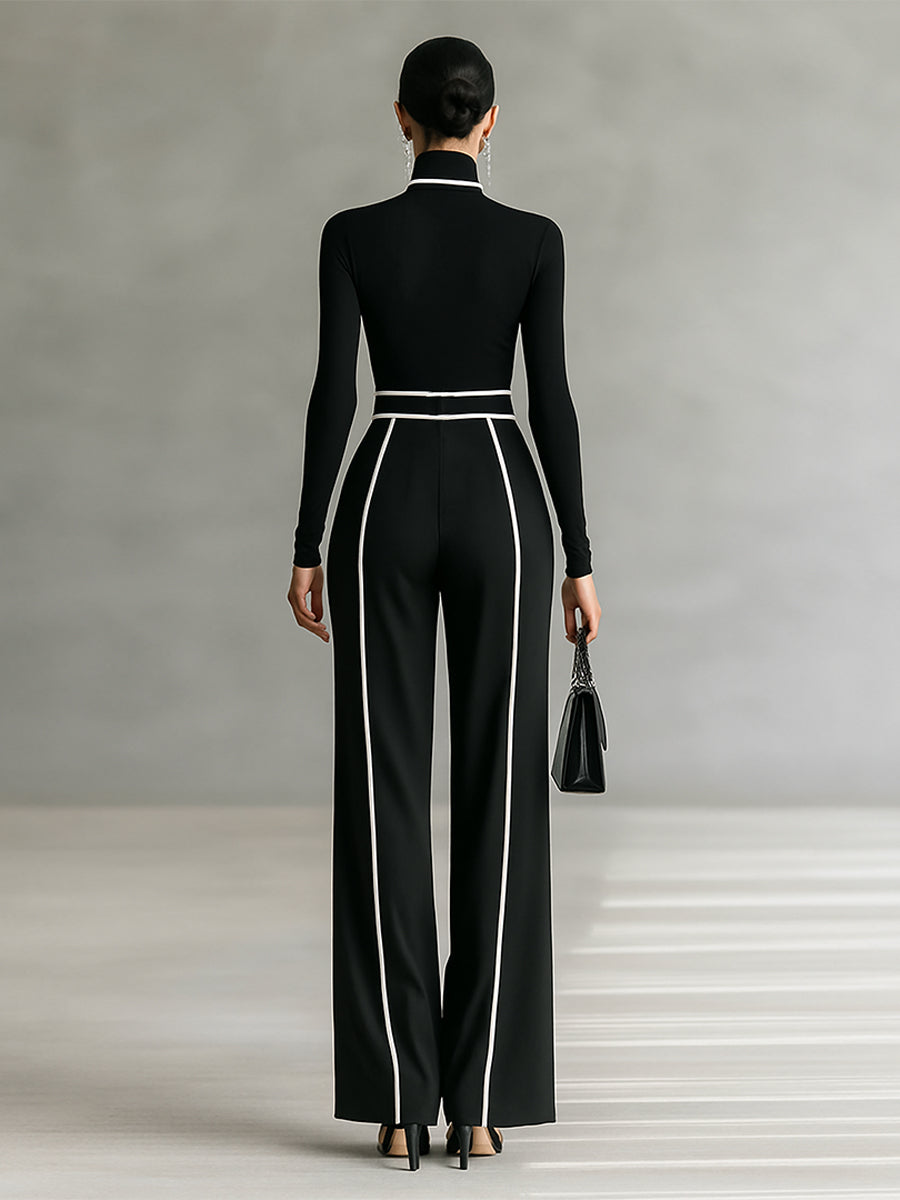 Set di due pezzi per donne con top a collo alto, maniche lunghe, pantaloni a gamba larga e cintura