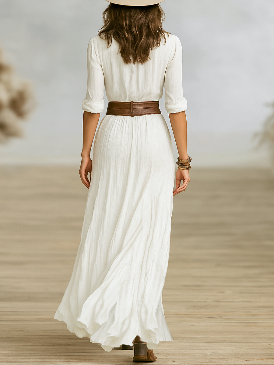 Abito Maxi Lungo Donna in Cotone e Lino Imitativo con Collo Reversibile