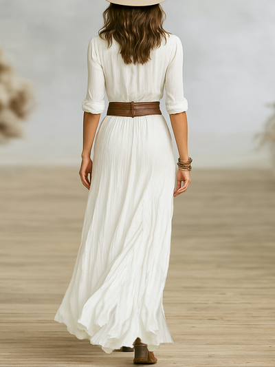Abito Maxi Lungo Donna in Cotone e Lino Imitativo con Collo Reversibile