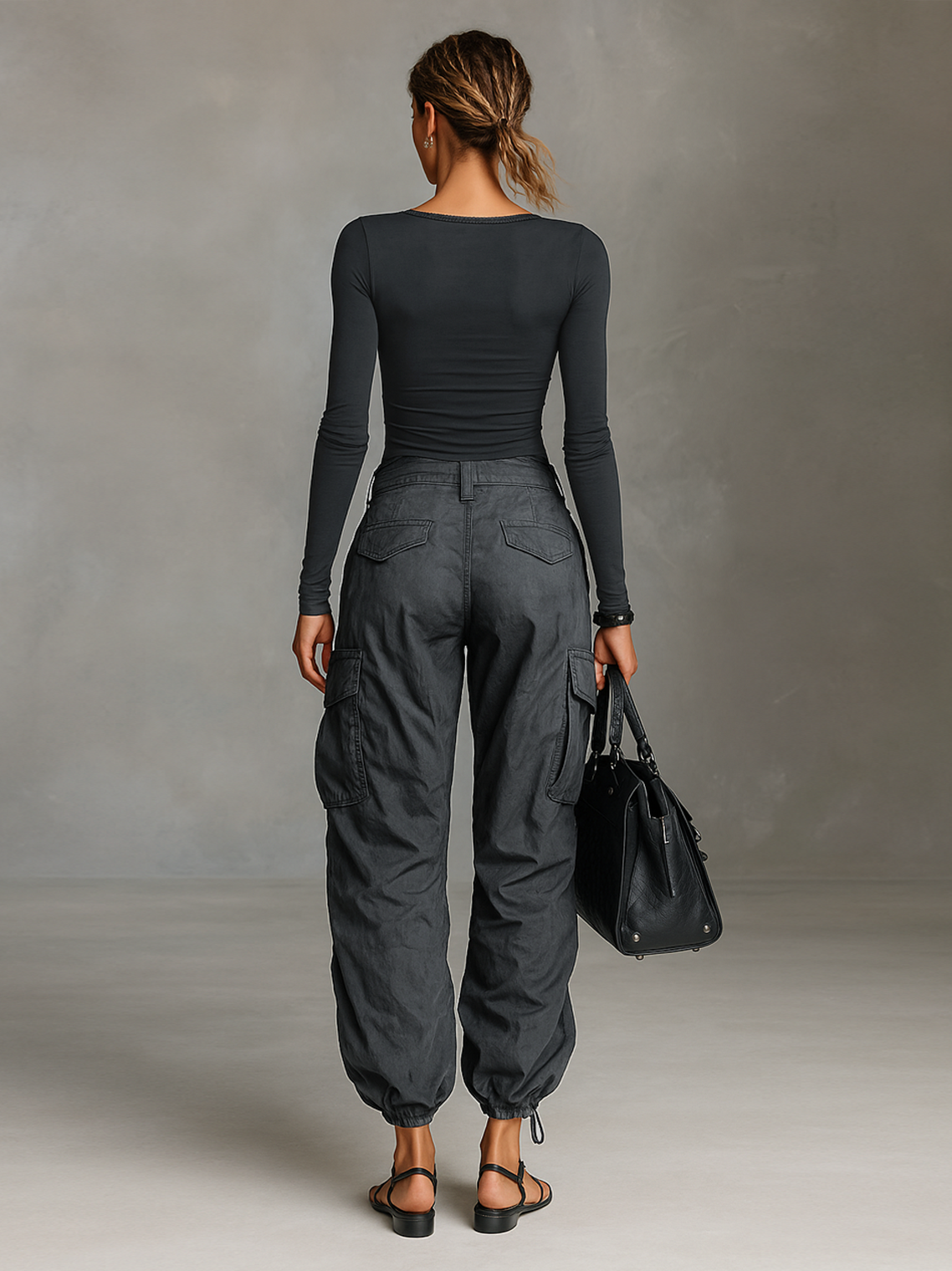 Set di Due Pezzi T-Shirt a Maniche Lunghe con Scollatura Quadrata e Pantaloni Cargo con Molte Tasche