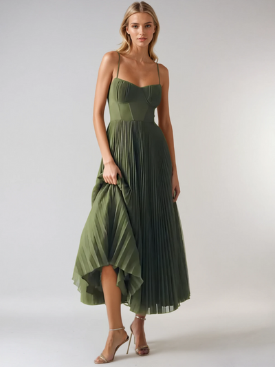 Veronique - Maxi abito elegante a pieghe verde oliva