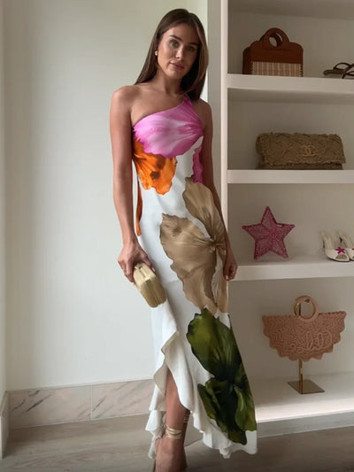 Joena - Elegante Abito Maxi a Spalla Unica con Fiori