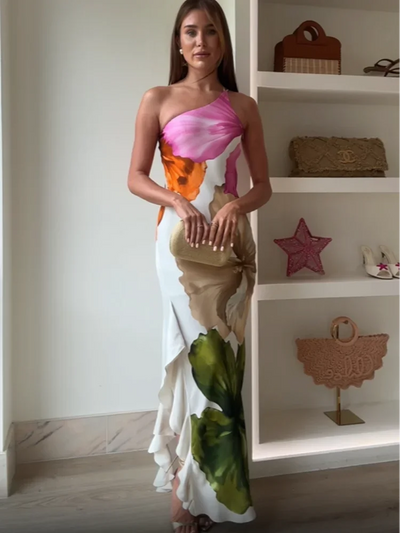 Joena - Elegante Abito Maxi a Spalla Unica con Fiori