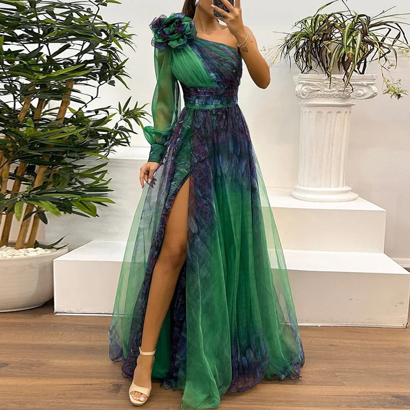 Judith - Maxi Dress in Rete Stampata con Spalla Scoperta alla Moda