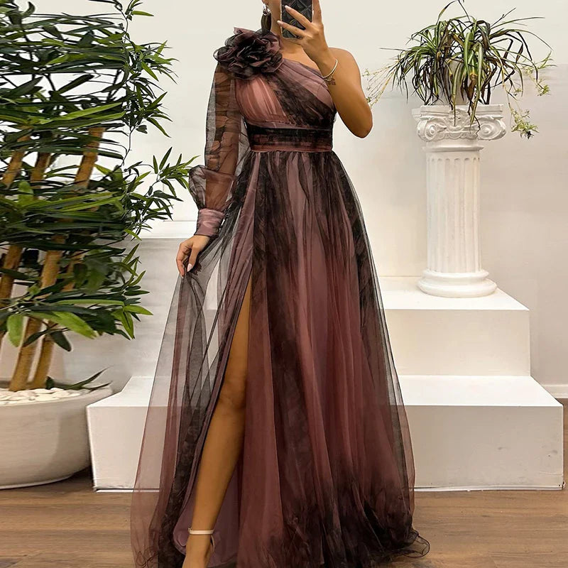 Judith - Maxi Dress in Rete Stampata con Spalla Scoperta alla Moda