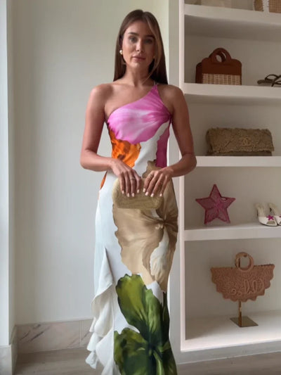 Joena - Elegante Abito Maxi a Spalla Unica con Fiori