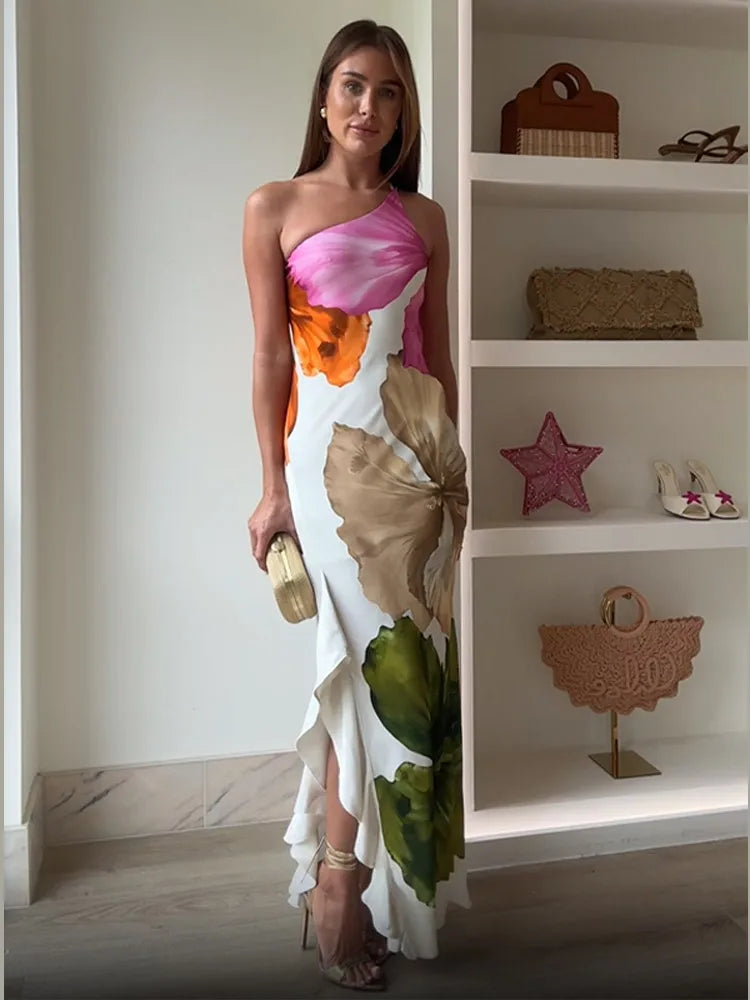 Joena - Elegante Abito Maxi a Spalla Unica con Fiori