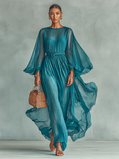 Abito Maxi in Chiffon con Scollatura Rotonda e Maniche Lunghe per Donne, con Vita Regolabile