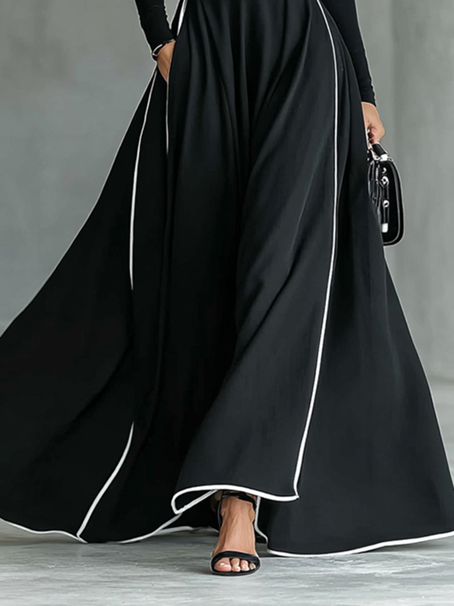 Abito Maxi Nero con Cuciture Bianche, Collo Alto, Maniche Lunghe e Vita Sottile