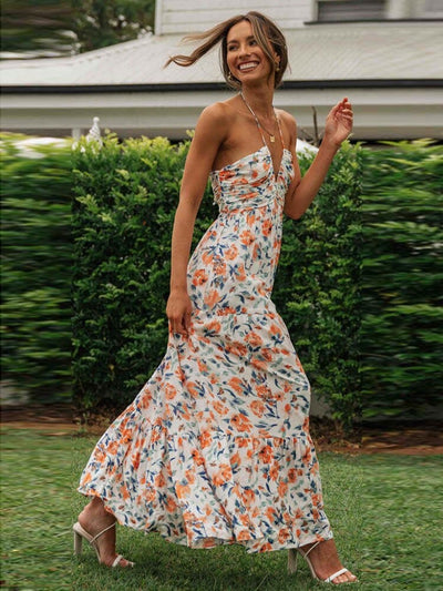 Elin™ Abito da Sposa Estivo per Ospiti con Fiori Arancioni e Scollo a V