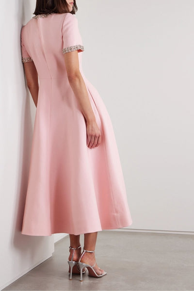 Abito midi rosa Zoe Bowknot decorato con cristalli